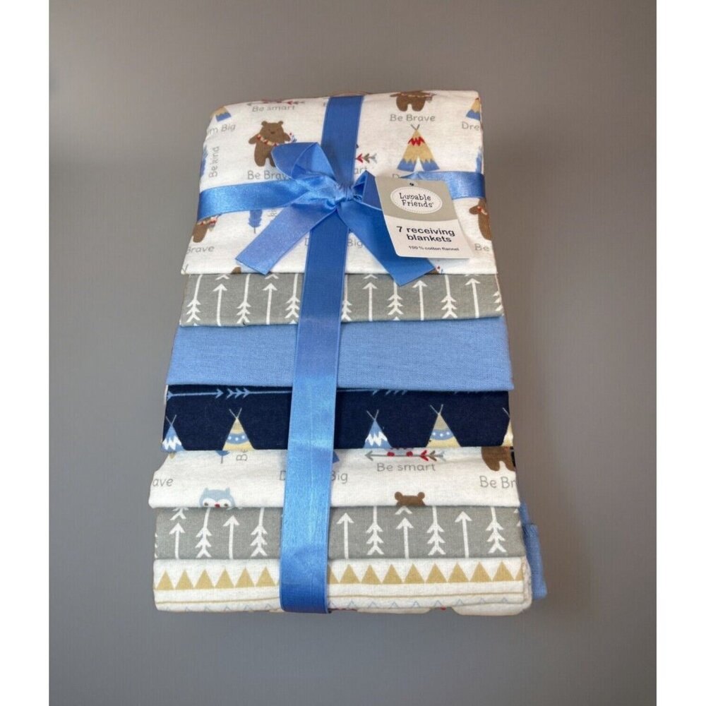 Luvable Friends 7 Baby Cotton Flannel Receiving Blankets Outdoor Bears Boys Blue